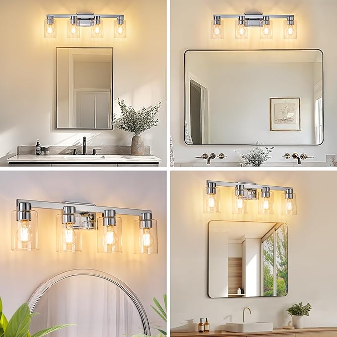 4-Light Bathroom Light Fixtures Modern Chrome Vanity Lights with Clear Glass Shade 26 Inch Wall Sconces Over Mirror for Bathroom,Powder Room, Living Room