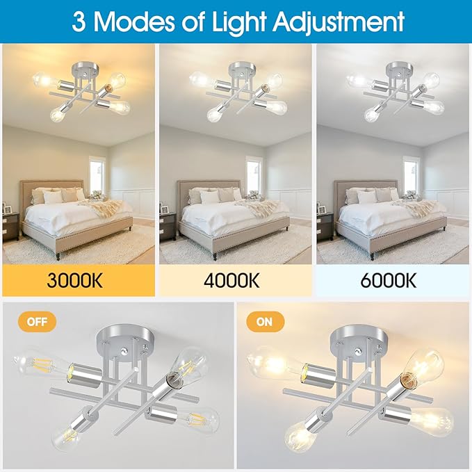 EGM 4-Light Modern Sputnik Ceiling Light Fixture, Chrome Semi Flush Mount Ceiling Lights with E26 Bulb Base, Industrial Chandelier for Dining Room Bedroom Foyer Kitchen Office (2 Pack)