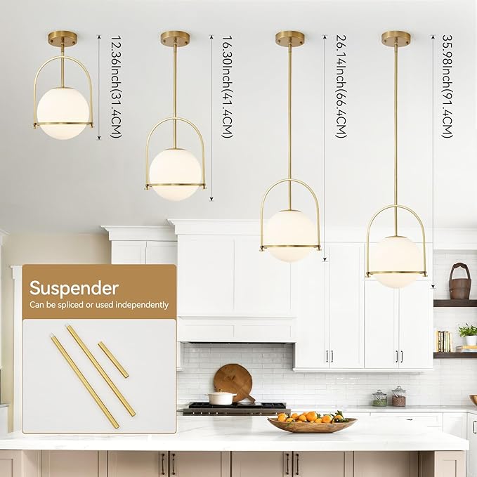 youngrender Modern Gold Schoolhouse Pendant Light Fixture, 6" Gold Globe Pendant Lighting with Hanging Adjustable Height, One Light Milk Glass Chandelier for Kitchen Island Dining Room Hallway