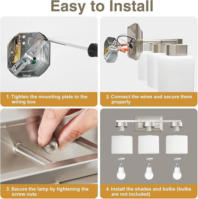 EJIAXIN 3-Light Bathroom Light Fixtures - Brushed Nickel Bathroom Vanity Lights with Glass Shade Modern Bathroom Lighting Fixtures Over Mirror - Wall Sconce Lamps for Bedroom,Living Room,Hallway