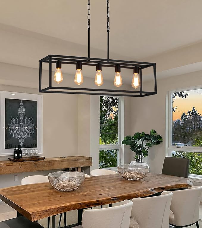 AMZASA Black Rectangle Kitchen Island Lights Rectangular Modern Industrial Chandelier for Dining Room 5 Lights Linear Vintage Cage Light Fixtures UL Listed