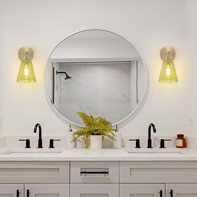 MWZ Gold Wall Sconce Decor Set of 2,Modern Brushed Brass Sconces Lighting with Green Glass Shade,Bathroom Light Fixtures Over Mirror,Vanity Lights Over Sink,Indoor Wall Mount Adjustable Angle Lamp