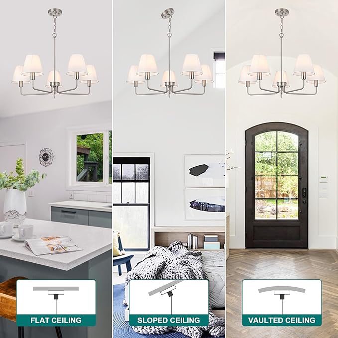 Brushed Nickel Chandeliers for Dining Room,5 Lights Modern Dining Room Light Fixtures Over Table,Height Adjustable Farmhouse Chandelier with White Fabric Shade for Kitchen Island,Living Room