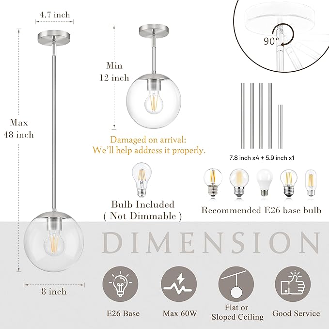 Bagood 8 Inch Globe Pendant Light Nickel Globe Pendant Lights Kitchen Island Mid Century Light Fixture with Hight Clear Glass Contemporary Adjustable Hanging Lights for Dining Room (Bulb Included)