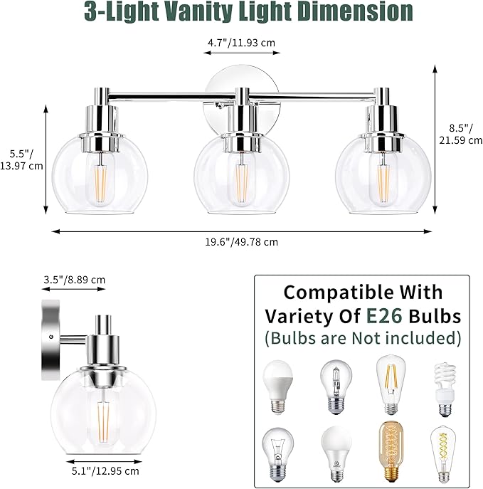 Espird 3 Lights Bathroom Vanity Light Fixtures Chrome, Bathroom Lights Over Mirror, Industrial and Farmhouse 3 Light Wall Sconce, Polished Chrome Globe Vanity Lighting Fixtures