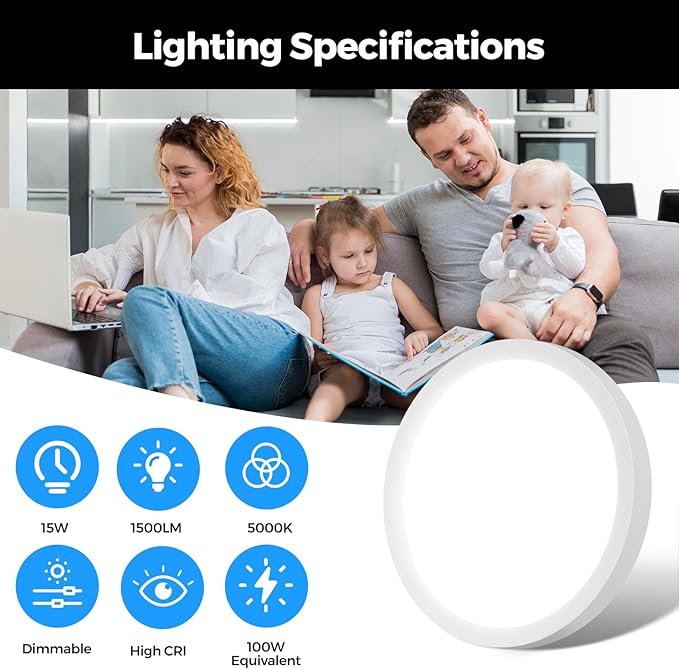 4-Pack 7Inch Dimmable Flush Mount LED Ceiling Lights 5000K Daylight White, 100W Equivalent Flat Ceiling Mount Lights, 15W 1500LM Bright Small Round Light Fixtures for Closet Basement Hallway Kitchen
