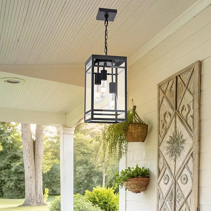 Large Outdoor Pendant Light for Porch, Black 3 Lights Outdoor Pendant Light Fixtures, Modern Hanging Light Fixture, Exterior Chandelier Hanging Lantern for Patio,Front Door