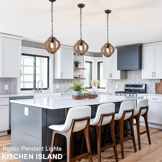 9.84" Modern Farmhouse Wood Pendant Lights Kitchen Island Small Orb Distressed Oak Pendant Light Rustic Ceiling Hanging Light for Kitchen Over Sink Hallway Entryway Foyer Adjustable Chain E26