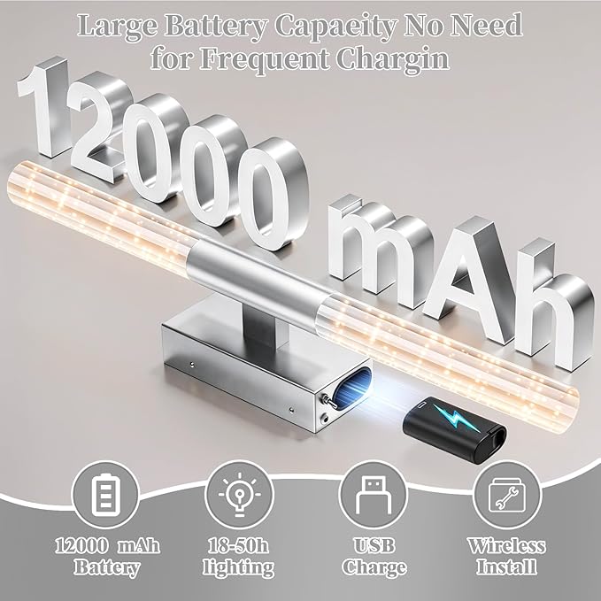camuucci Battery Operated Wall Sconces Set of 2 Rechargeable Battery Powered Wall Light with 12000mAh Not Hardwired Dimmable Wall Lamp Fixtures for Bedroom Living Room Silver 25.6 Inches