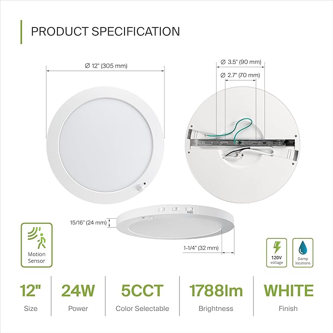 ASD LED 12" Round Flush Mount Ceiling Light Fixture, Low Profile Surface Lighting | 5CCT, Motion Sensored, Ultra-Thin, ETL Listed | 24W 1700LM 2700-6000K 120V | Kitchen, Hallway Lamp | White, 4 Pack