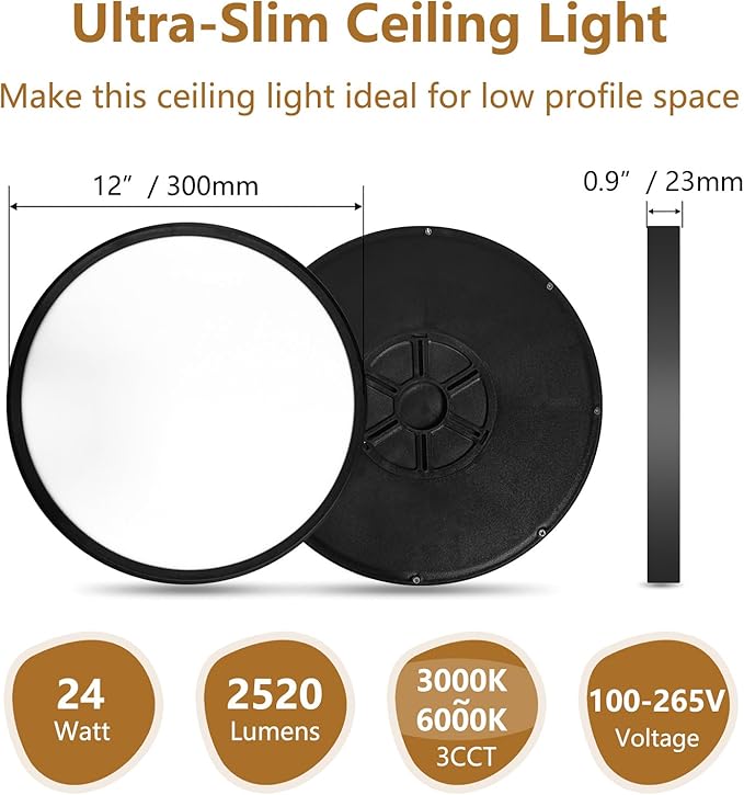 6PK 12 Inch Super Slim LED Flush Mount Ceiling Light, 24W, 2520LM, Selectable 3000K/4000K/6000K CCT, Low Profile Round Flat Panel Light for Bedroom, Kitchen, Hallway (Black)