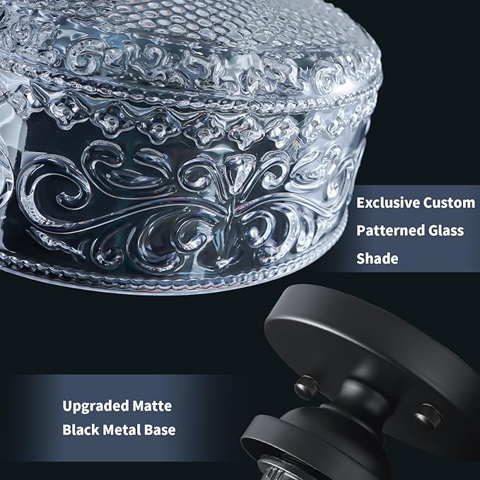 Small Semi Flush Mount Ceiling Light Fixture, Vintage Matte Black Close to Ceiling Lighting with Etched Glass Shade for Hallway, Kitchen, Entryway (Retro Design, Easy Install)
