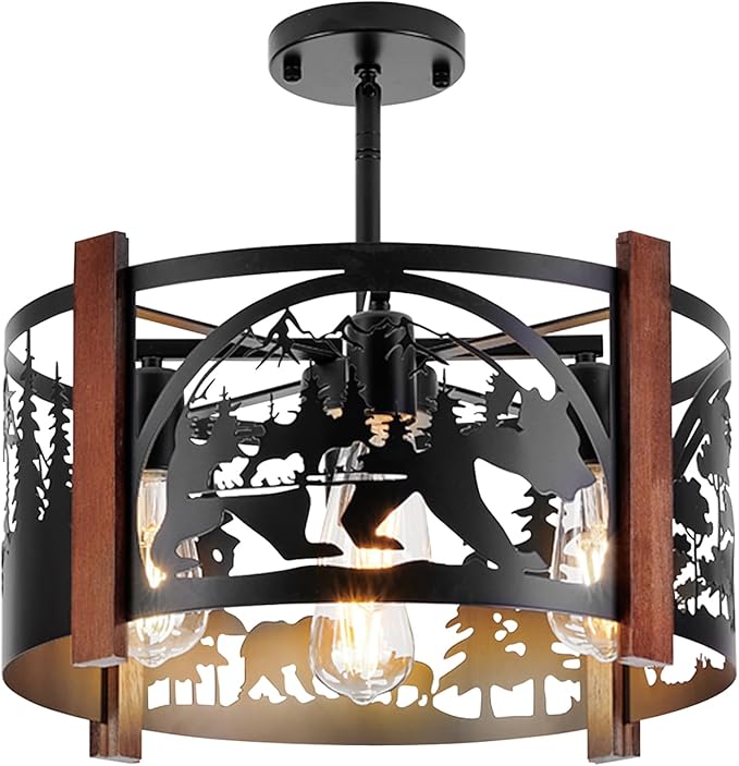 Farmhouse Rustic Bear Ceiling Light Fixtures, 4-Light Round E26 Base Black Metal Wooden Fixture for Kitchen, Living Room,Foyer, Bedroom, Hallway-‎16.5" L* 16.5" W * 11.8" H