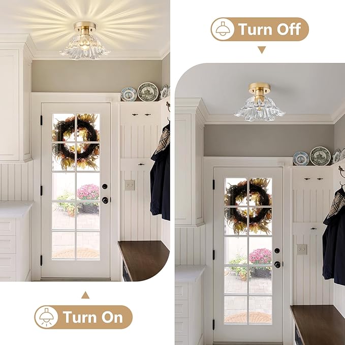 Modern Flower Glass Ceiling Light, Mid-Century Lighting Fixtures, Gold Semi Flush Mount Ceiling Light for Hallway, Kitchen, Laundry Room, Bathroom, Entryway, 11 in