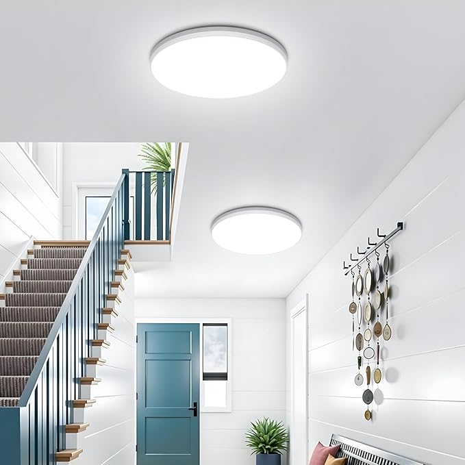 SunRider LED Flush Mount Ceiling Light Fixture with Night Light, 6000K Cool White, 12 Inch 24W 2400LM Round Dimmable Flat Ceiling Lamp for Living Room