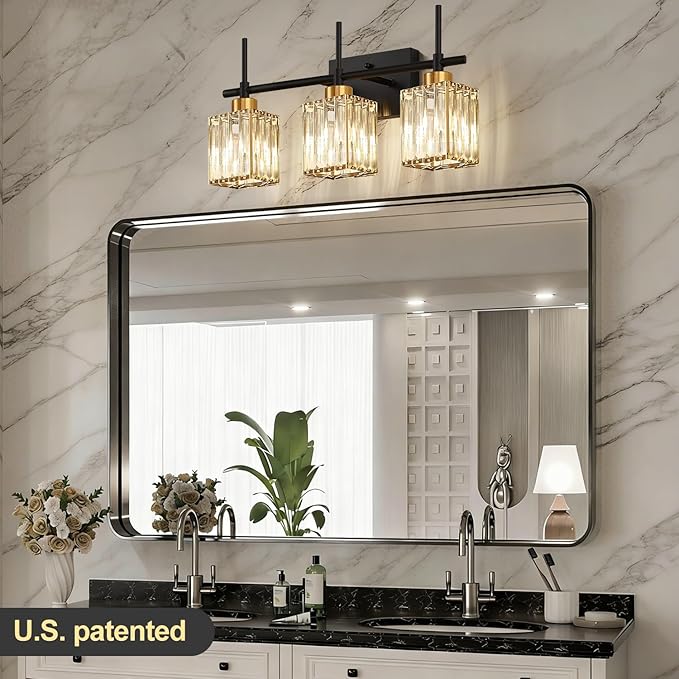 Torondo Modern Crystal 3-Light Vanity Lights for Bathroom Gold Bathroom Lights Over Mirror Black and Gold Vanity Lighting Fixtures Square Shade Brass Wall Sconce (Bulbs Not Include)