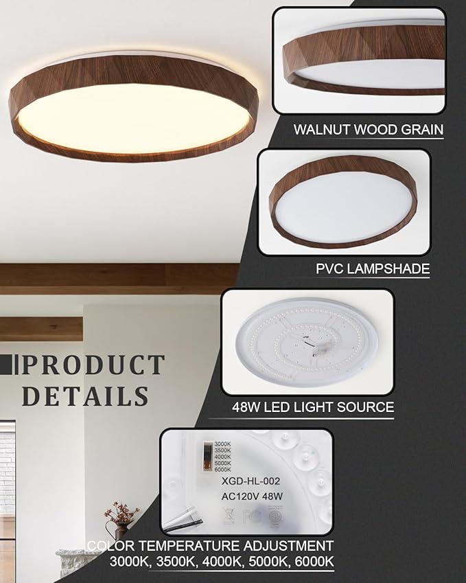 ANYLOVE 19 inch LED Flush Mount Ceiling Light Fixture,3000K 4000K 5000K Adjustable Ceiling Lights, Farmhouse Walnut Wood Grain Ceiling Light for Bedroom Hallway Bathroom Kitchen