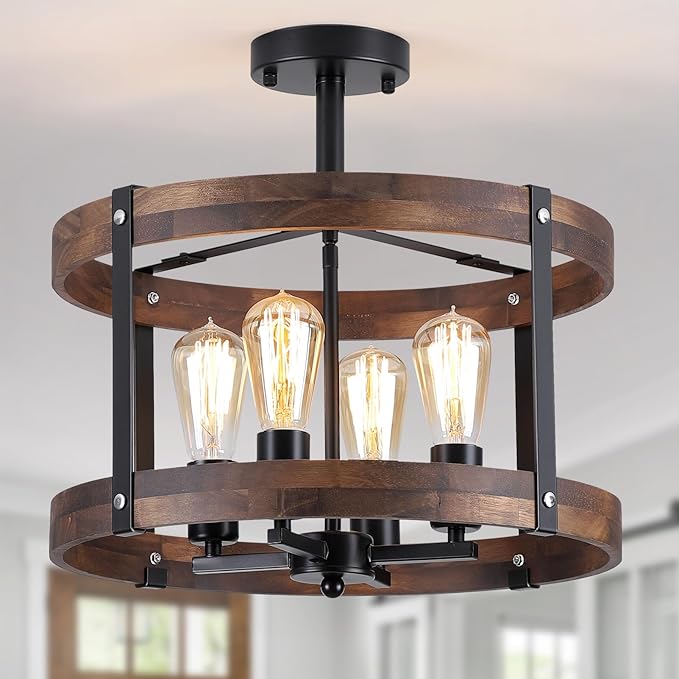 4-Light Large Rustic Farmhouse Flush Mount Ceiling Light Fixture 16.5 inch Oak Wood Round Drum Semi Flush Mount Ceiling Light for Bedroom Hallway Entry Dining Farmhouse Living Room, Black