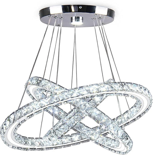 CXGLEAMING LED Chandeliers Modern Ceiling Light Fixture 3 Rings Adjustable Crystal Pendant Light Fixture Ceiling Hanging for Living Room Dining Room Bedrooms Hall 250mm Base 209 Crystals (Cool White)