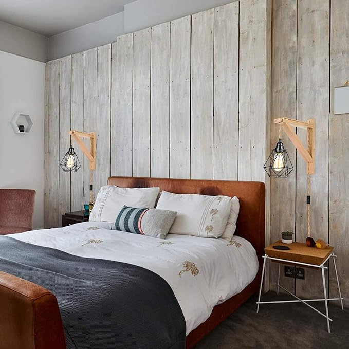 Frideko Wood Plug in Wall Sconces Set of Two, Hanging Lamps that Plug into Wall Outlet, Farmhouse Wall Light Fixtures with 8.21FT On/Off Switch Cord, Indoor Rustic Wall Lamp for Bedroom Living Room