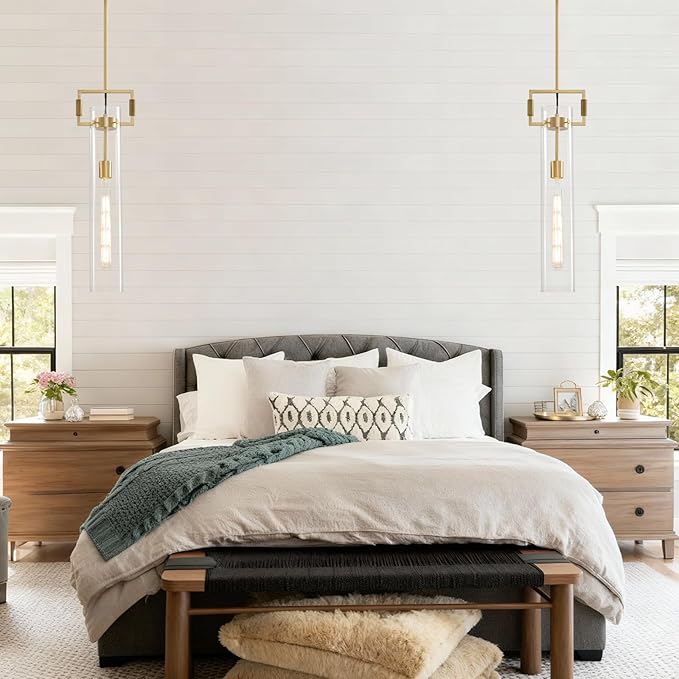 Modern Gold Glass Pendant Light: Knurled Brass Pendant Lights Kitchen Island Set of 2 - Minimalist Pendants Lighting Fixtures with Long Tube - Dimmable Hanging Light Fixture over Table Bulb included