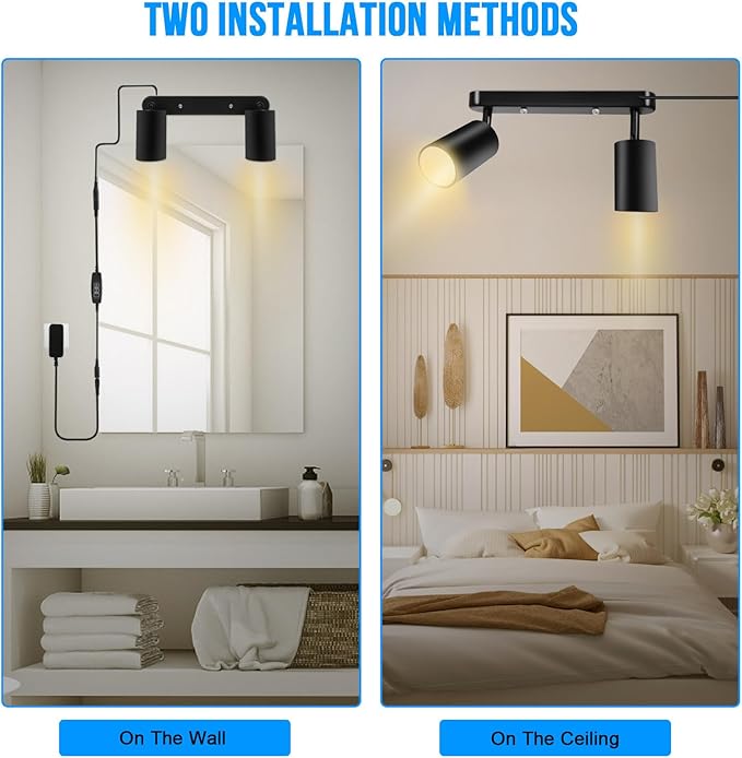 Plug in Track Lighting Track Light Fixtures with Power Cord Wall Spotlight Flexibly Rotatable Heads Plug in Ceiling Lights for Kitchen Cabinet Gallery Bar Living Room 10W 3000K(Black, 2 Heads)
