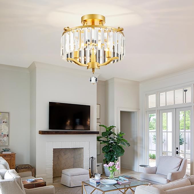 12.2'' Modern Gold Crystal Ceiling Light Fixture Farmhouse 3-Light Semi Flush Mount Drum Chandelier for Dining Room, Bedroom, Kitchen, Hallway, Entryway, Foyer, E12 - MJ055GD