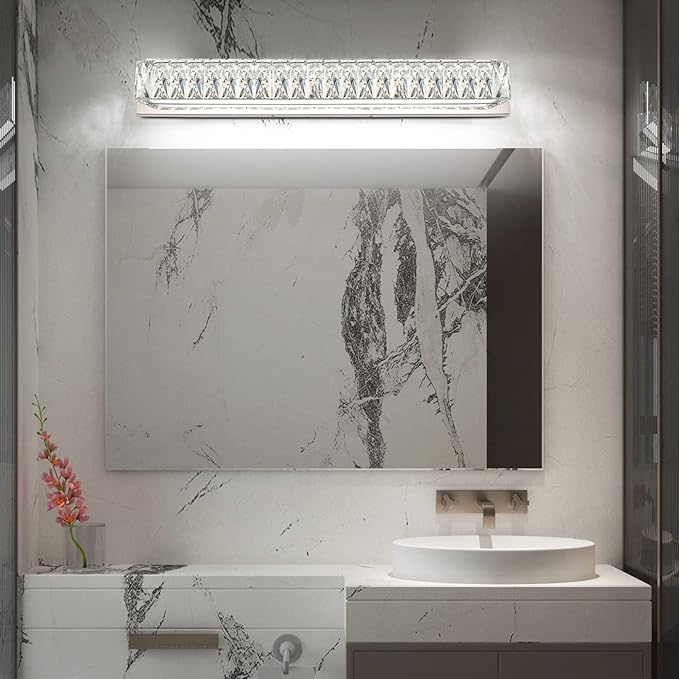 ZUZITO Modern Bathroom Light Fixtures Over Mirror 30 inch Crystal Chrome LED Vanity Light Bar White Light 6000K (7500-760mm)