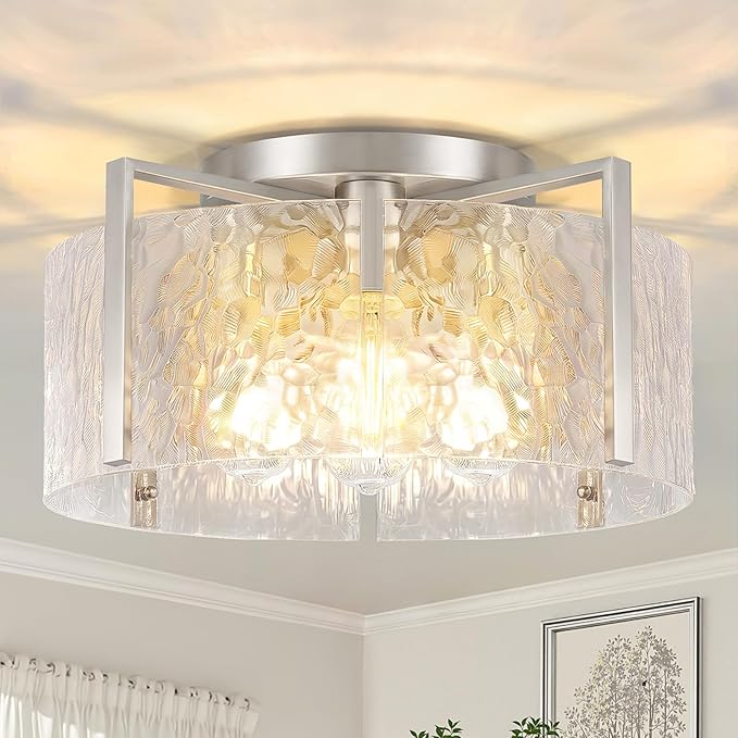 4-Light Modern Semi Flush Mount Ceiling Light Silver, 16'' Entryway Light Fixture, Glass Ceiling Mount with Hammer Glass for Passage Aisle Kitchen Island Dining Room Living Room Lighting Fixtures