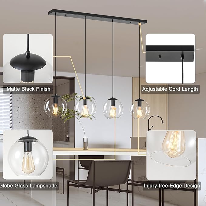 Globe Pendant Light, Modern Hanging Lighting Fixture, Classic Cluster Chandelier with Clear Glass Shades(Black, 4 Lights, 37.4 Inch)
