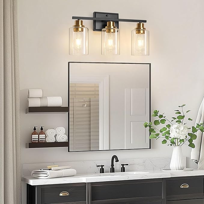 Unicozin 3 Light Bathroom Light Fixtures, Modern Vanity Lights Over Mirror, Black and Gold Wall Lamp with Clear Glass for Living Room Cabinet Bedroom Porch
