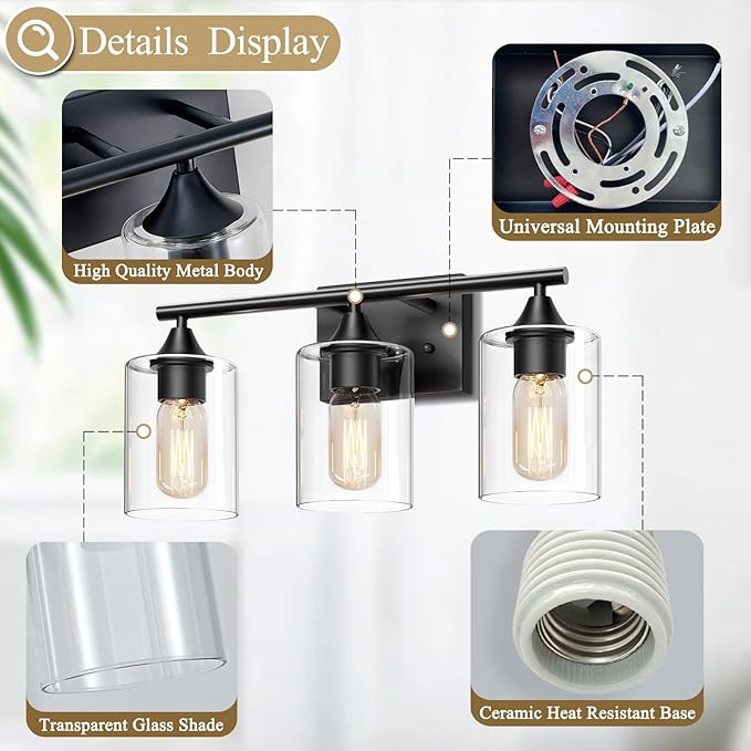 Bathroom Lighting Fixtures Over Mirror,3-Light Black Bathroom Vanity Light,Sconces Wall Lighting with Clear Glass Shade,Light Fixture for Bedroom Living Room Vanity Table Hallway