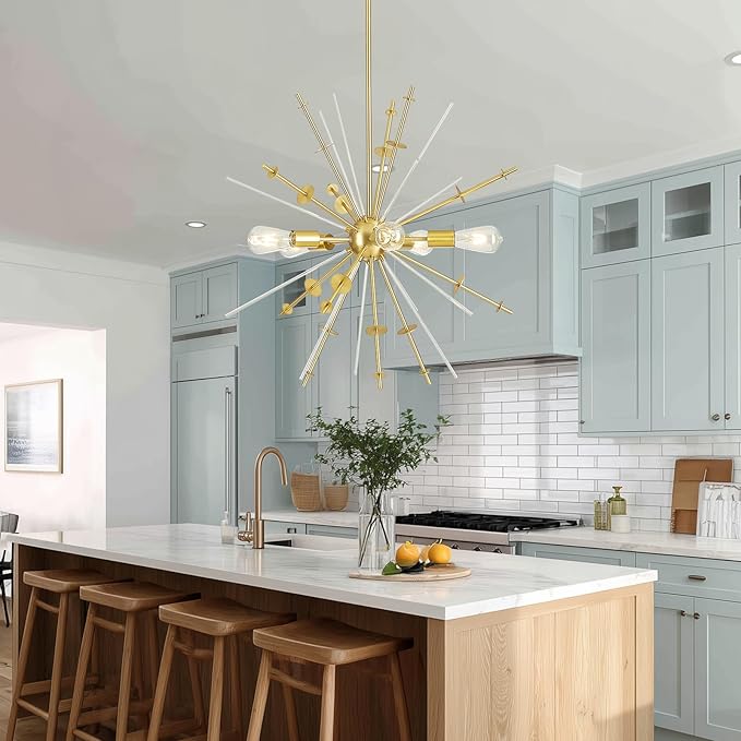 Gold Sputnik Chandelier, 5-Light Modern Chandeliers Ceiling Light Fixture Over Table Large Height Adjustable Chandeliers for Dining Room Kitchen Island Living Room