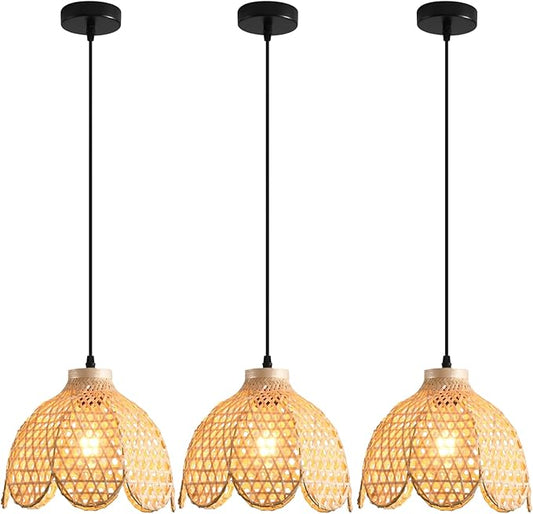 3-Pack Boho Pendant Light Fixture 9.8" Bamboo Hanging Light Mini Rattan Pendant Light,Woven Wicker Shade Rattan Chandelier for Dining Living Bedroom Kitchen Farmhouse