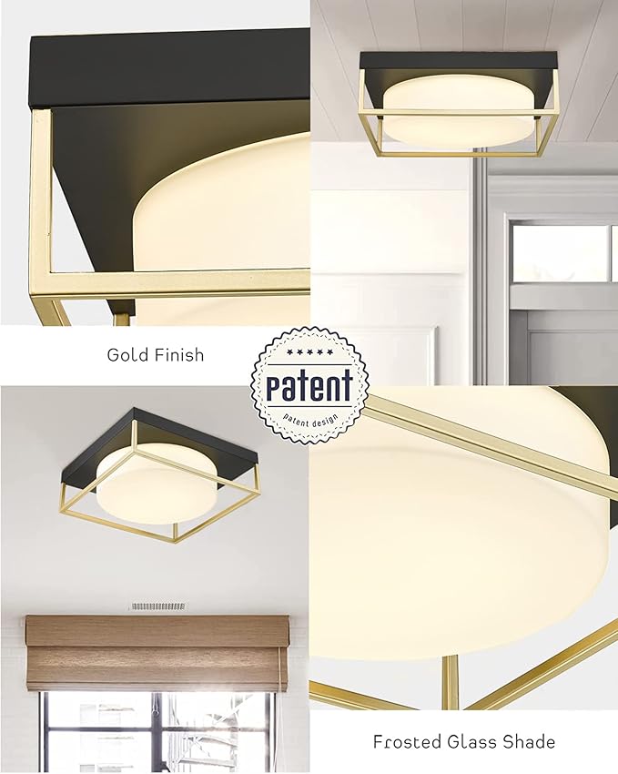 Black and Gold Ceiling Lights Flush Mount, 3-Pack 12 Inch Bedroom Ceiling Light Fixtures LED Bathroom Light Fixture, 24W 950 Lumen 3000K Dimmable, Square Ceiling Lamp for Kitchen Hallway