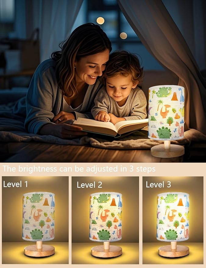 Dinosaur Lamp, Dinosaur Room Decor for Boys, 3 Level Dimmable Wood Nightstand Desk Base Flaxen Fabric Shade for Bedroom Living Room, Dino Gifts for Boys