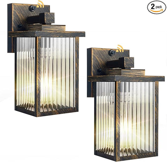 2 Pack Outdoor Wall Lights with Dusk to Dawn Sensor, Waterproof Exterior Lights for House Porch and Garage, Black Brush Gold Metal Wall Sconce with Textured Glass
