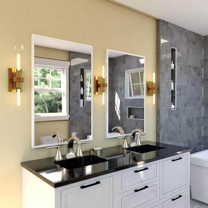 VAXCEL Bari 2-Light 4.5 in. Wide Satin Brass Contemporary Wall Sconce, Clear Glass Shade, Dimmable, LED Compatible, Vertical or Horizontal Mount, Steel Bathroom Vanity Lighting Fixture