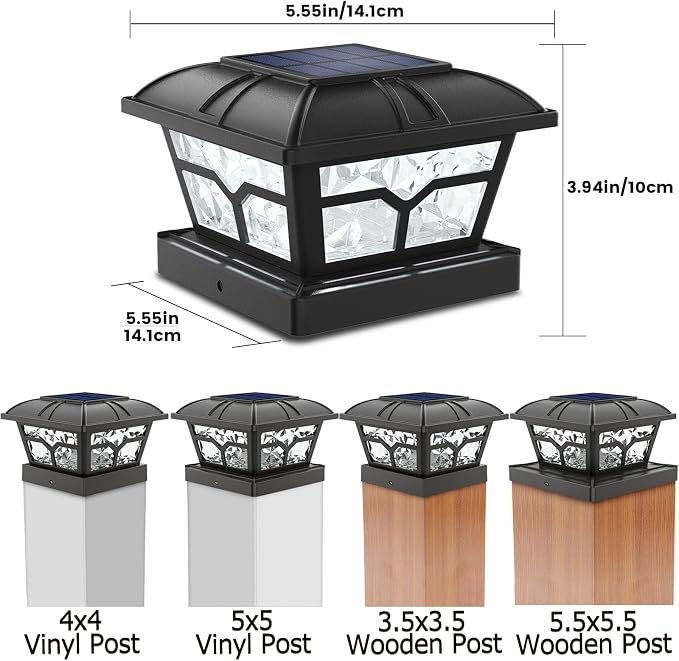 SIEDiNLAR Solar Post Cap Lights Outdoor 2 Color Modes 8 LEDs for 4x4 5x5 6x6 Posts Fence Patio Deck Decoration Warm White & Cool White Lighting Black (6 Pack)