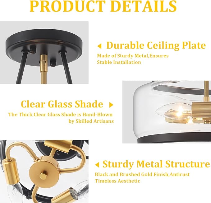 3-Light Semi Flush Mount Ceiling Light Modern Glass Drum Entryway Chandelier Black and Gold Hallway Lights Kitchen Ceiling Lighting Fixtures for Bedroom Foyer Laundry Bathroom Dining Room