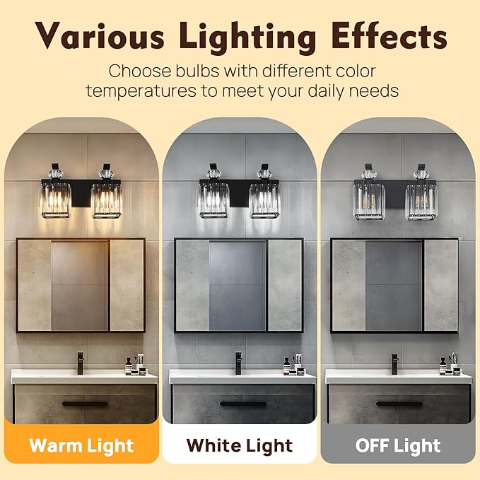 Modern Bathroom Vanity Light, 2-Light Black Bathroom Lighting Fixtures Over Mirror, 12.6" Crystal Wall Light Sconce for Bathroom/Bedroom/Vanity, Includes LED Bulbs, Easy Installation