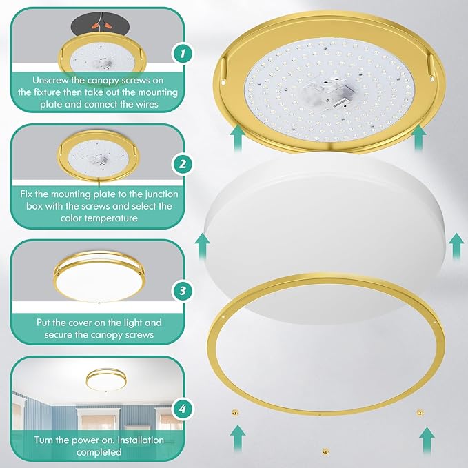16 Inch LED Flush Mount Ceiling Light Fixture, Dimmable 5CCT Selectable 2700K Warm White-6500K Super Bright Daylight White, 50W 6000LM Round Gold Ceiling Lamps for Living Room Bedroom Kitchen, 2 Packs