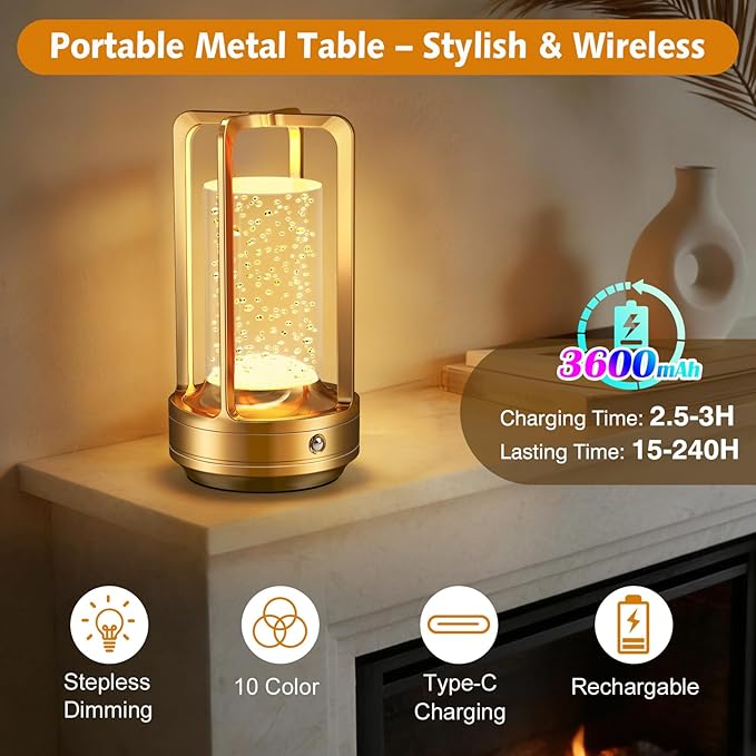Portable Table Lamp for Outdoor Indoor: Cordless Rechargeable Desk Lamp with 10 Colors - Shower Lamp with Stepless Dimmable - Metal Battery Operated Lantern Light for Bedroom/Bar/Coffee Shop/Camping