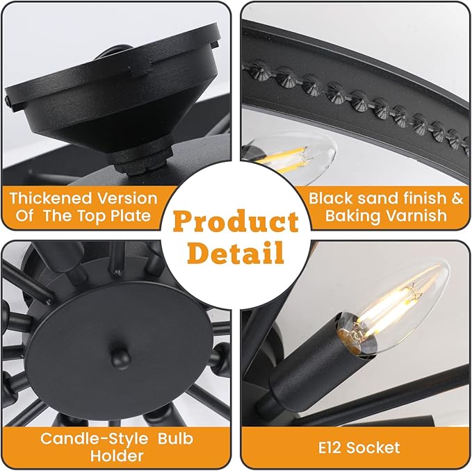 Ceiling Light Fixture Flush Mount Ceiling Lamp Black Farmhouse Chandelier Industrial Rustic Light fixtures Pendant Lighting 8-Light E12 Kitchen Lighting