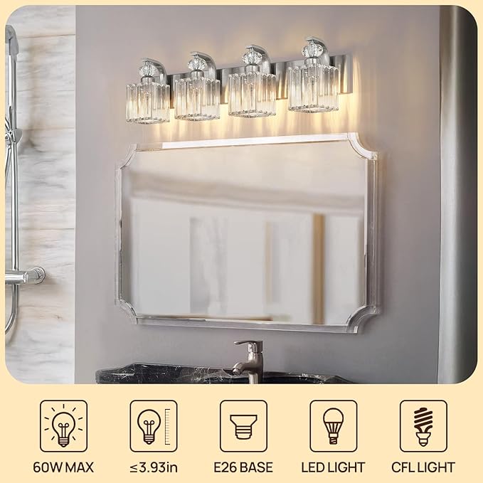 Modern Bathroom Vanity Light, 4-Light Nickel Bathroom Lighting Fixtures Over Mirror, 28.4" Crystal Wall Light Sconce for Bathroom/Bedroom/Vanity, Includes LED Bulbs, Easy Installation