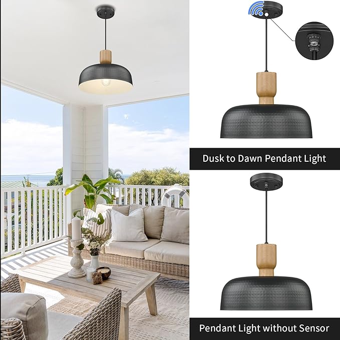 Dusk to Dawn Farmhouse Pendant Lights, 12.4 inch Industrial Pendant Lighting, Adjustable Hanging Light Fixtures with Hammered Metal Shade for Kitchen Island, Black