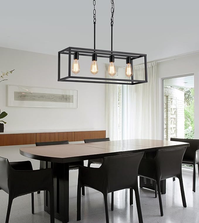 AMZASA Black Rectangle Island Lighting Rectangular Modern Industrial Chandelier 4 Lights Linear Vintage Cage Light Fixtures for Kitchen Dining Room (Height Adjustable)