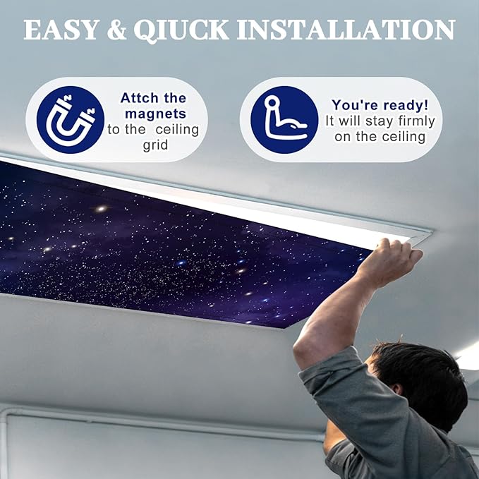 8 Pcs 1 x 4 Feet Fluorescent Lights Covers Magnetic Ceiling Light Cover with 8 Magnets Fluorescent Light Filters for School Classroom Home Drop Lamp Decor (Starry Sky)