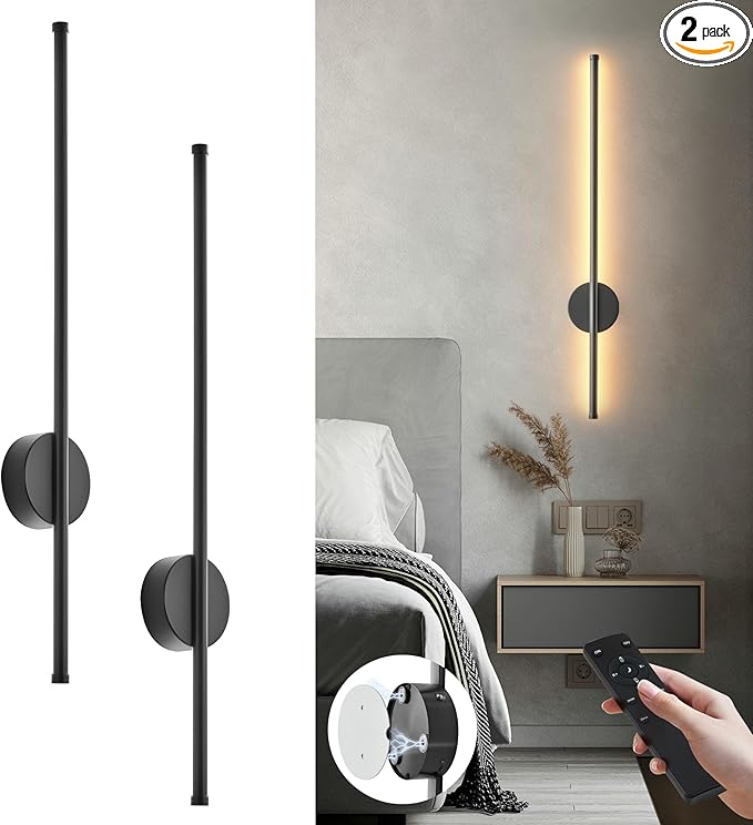 Battery Operated Modern Wall Sconces Set of Two,Rechargeable Wireless Wall Lights with Remote Control,Dimmable,3CCT,Timer,360°Rotation,Cordless Lighting for Bedroom,Living Room,Hallway,Black,27.6 Inch