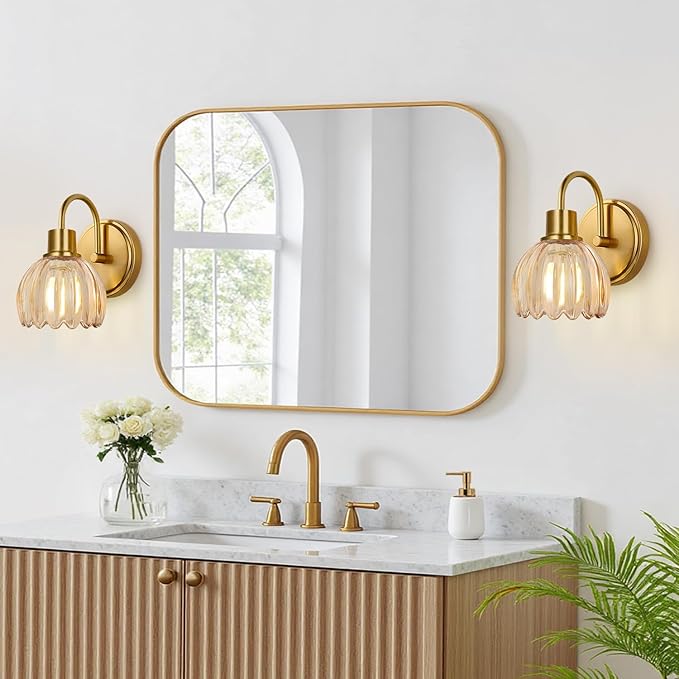 2-Pack Brushed Gold Bathroom Vanity Light, Single-Head Wall Sconce with Ribbed Amber Tulip Glass Shade, Vintage Bathroom Light Fixtures for Bedroom, Hallway & Bedside (Bulbs Not Included)